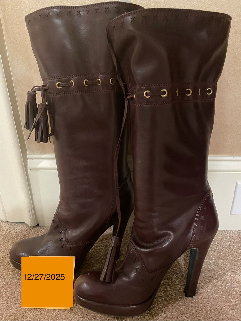 Valentino Dark Brown Tassel High-Heel Leather Boots